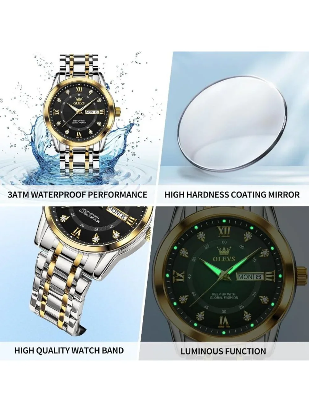 Mens Silver Black Stainless Steel Waterproof Roman Numbers Diamond Classic Watch